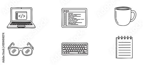 Hand-drawn sketch illustration set of a programmer's workspace essentials, featuring a laptop, code window, keyboard, glasses, notepad, and coffee cup