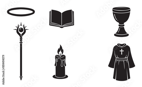 Collection of religious and spiritual symbols in a black silhouette style, featuring a halo, book, chalice, scepter, candle, and robe