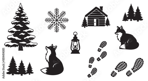 Graphic collection of winter forest design elements featuring black silhouettes of a fox, log cabin, snowy pine trees, a lantern, and boot prints