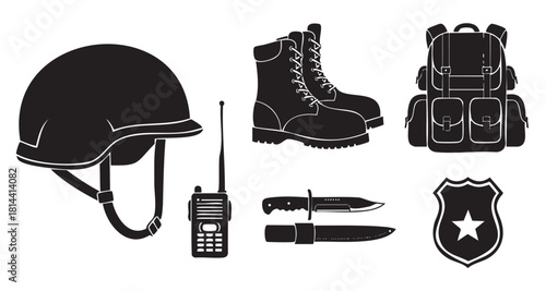 Collection of black silhouette icons representing military and police equipment, including a helmet, boots, backpack, radio, knife, and badge