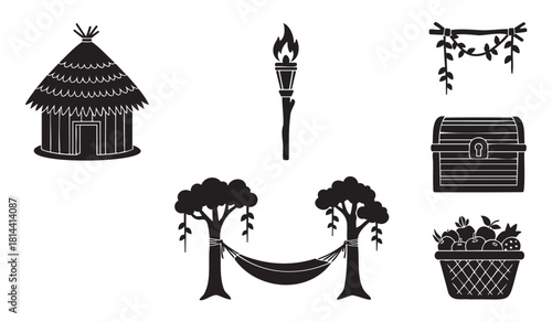 Collection of black silhouette icons for a tropical island adventure, with a hut, torch, treasure chest, hammock, fruit basket, and jungle vine