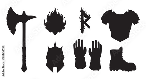 Set of medieval barbarian equipment silhouettes featuring a battle axe, spiked helmet, chest plate, gauntlets, boot, and flaming rune symbol for a role-playing game