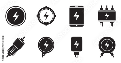 Collection of black glyph icons representing electricity, power, charging, and electronic devices like smartphones, batteries, and adapters