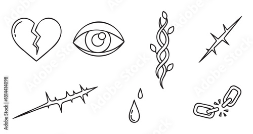 Set of hand-drawn black and white line art icons representing pain, heartbreak, and struggle, including a broken heart, eye, thorns, scar, teardrop, and broken chain