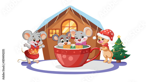 Cartoon mouse family celebrating Christmas inside a teacup house