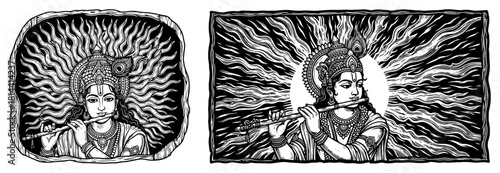 Lord Krishna Playing Flute With Radiant Halo Vintage Woodcut Illustration Set