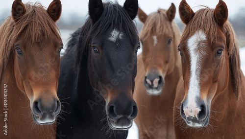 Horses Standing Together in a Winter Landscape With Snow-Covered Ground