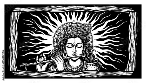 Portrait of Lord Krishna playing flute with halo Vector black and white linocut engraving illustration