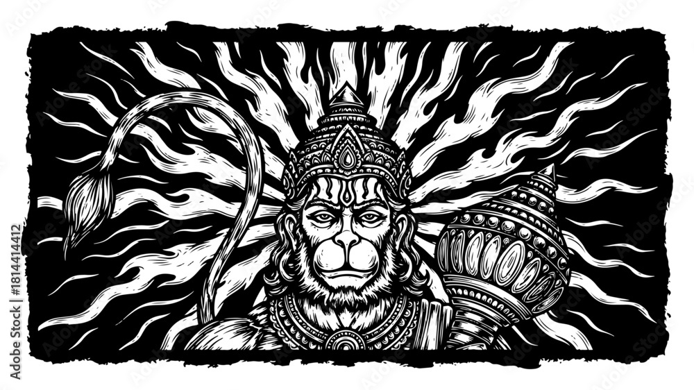 Obraz premium Lord Hanuman With Mace And Radiant Aura Vintage Woodcut Illustration