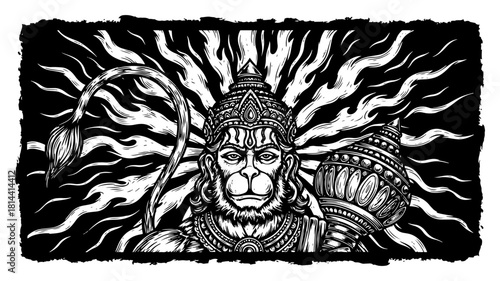 Lord Hanuman With Mace And Radiant Aura Vintage Woodcut Illustration