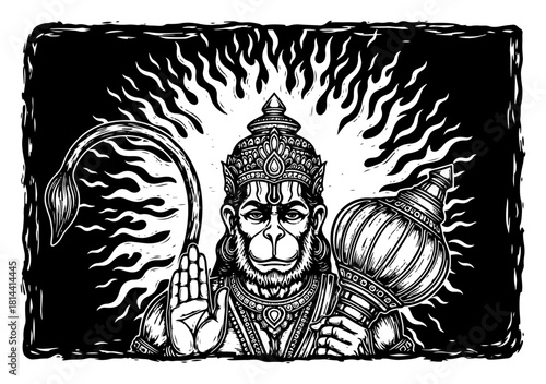 lord hanuman blessing with mace and radiant aura woodcut engraving vector