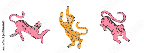 Funky comic leopard set with jungle animals and wildlife tiger.