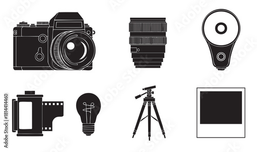 Collection of monochrome vector icons for photography, featuring a classic film camera, lens, speedlight, film canister, tripod, lightbulb, and blank photo print