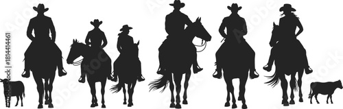 PrintBlack Silhouette of Cowgirls and Cowboys on Horses Riding in a Row, Western Vector Graphic for Ranch and Equestrian Design