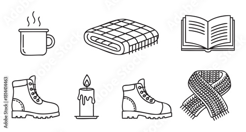 Set of cozy autumn and winter season icons in a simple black and white line art style, featuring a hot drink, blanket, book, boots, candle, and scarf