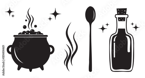 Set of black silhouette icons for witchcraft and magic, featuring a bubbling cauldron, a potion bottle, a spoon, and sparkles