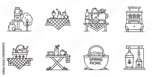 Collection of eight black and white line art icons depicting various picnic and outdoor dining elements, including baskets, food, drinks, and appliances