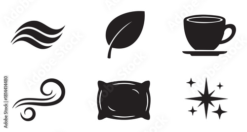 Collection of simple black glyph icons for sleep, relaxation, and well-being, featuring symbols for air, nature, hot drinks, pillows, and dreams