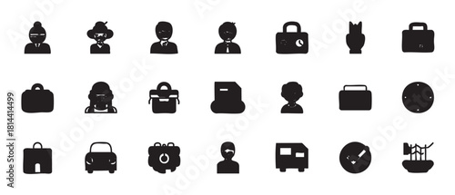 Diverse collection of black silhouette icons representing business, travel, and people, arranged in a grid with a minimalist, hand-drawn aesthetic