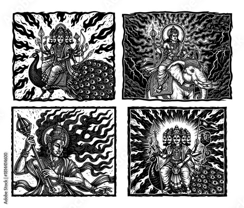 set of hindu warrior deities on peacock and elephant mounts woodcut engraving vector