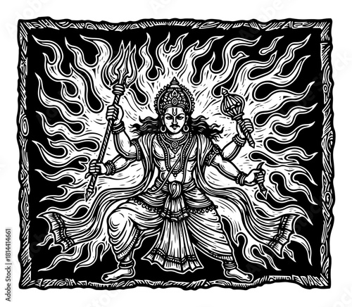 Fierce Hindu deity Bhairava wielding trident and weapons in dynamic pose with flames woodcut style vector illustration