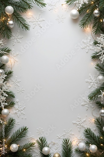Holiday Decoration With Evergreen Branches, Snowflakes, and Lights on a Blank...
