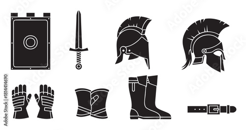Collection of ancient warrior armor and weapon icons, including a helmet, sword, shield, and boots, depicted in a black silhouette style