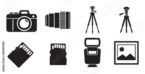 Collection of black silhouette icons representing professional photography equipment, including a camera, lens, tripod, flash, memory card, and a framed picture
