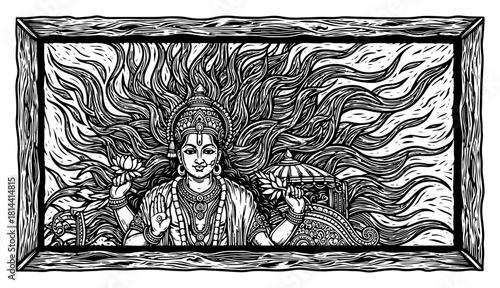 Vintage woodcut style framed illustration of Hindu Goddess holding lotus flower with flowing hair background