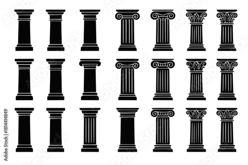 Architectural Column Icons with Doric Ionic Corinthian Tuscan and Composite Styles in Black Silhouettes on White Background