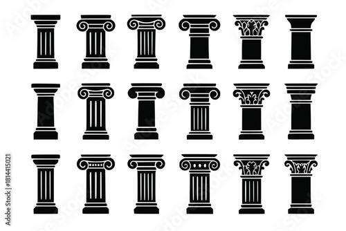 Architectural Column Icons with Doric Ionic Corinthian Tuscan and Composite Styles in Black Silhouettes on White Background