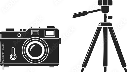 PrintClassic Rangefinder Camera and Tripod Icons Vector, Analog Photography Equipment Silhouettes for Media, Vlog, and Journalism Graphics