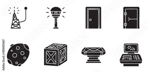 Collection of black glyph icons for science fiction themes, featuring a radio tower, asteroid, futuristic door, cargo crate, and computer terminal