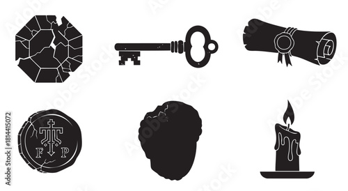 Mysterious black silhouette icon set for fantasy or adventure themes, featuring an antique key, sealed scroll, cracked coin, broken gem, statue bust, and a melting candle