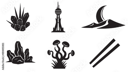Set of minimalist black silhouette icons , including a gem cluster, sci-fi building, moon over dunes, rocks, fantasy mushrooms, and abstract lines