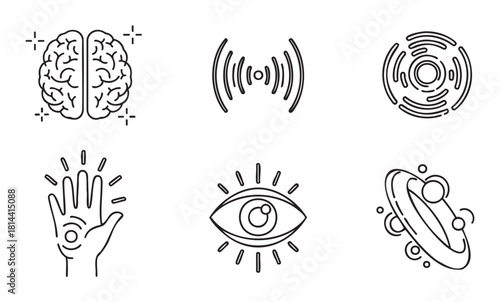 Set of minimalist black outline icons representing abstract concepts like consciousness, perception, telepathy, and cosmic awareness