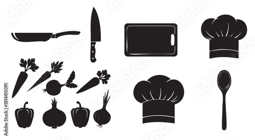 Collection of black silhouette icons for cooking and culinary arts, including a chef's hat, knife, pan, cutting board, and fresh vegetables like carrots and onions