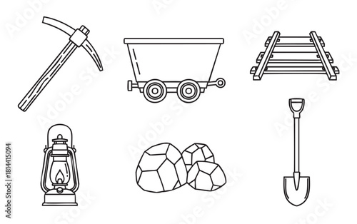Collection of mining industry tools and equipment shown as simple black outline icons, including a pickaxe, cart, railway, lantern, ore, and shovel