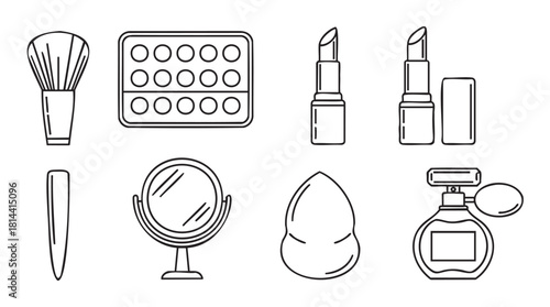 Vector icon set of cosmetic and makeup accessories, featuring a brush, palette, lipstick, mirror, sponge, and perfume bottle in a clean black outline style
