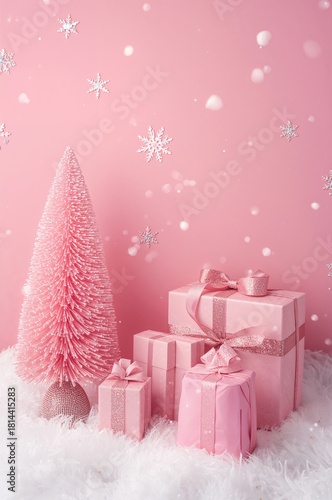 Festive Pink Holiday Scene With Gifts and Decorations Creating a Cheerful Atm...