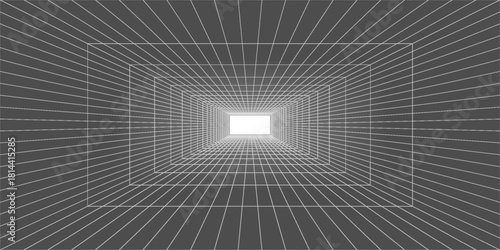 Futuristic perspective grid box. Abstract wireframe with white grid line on black background. Virtual reality landscape in 80s 90s digital style. Vector illustration.