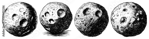 Set of asteroid or moon rock illustrations Vector black and white sketch of cratered spheres and celestial bodies