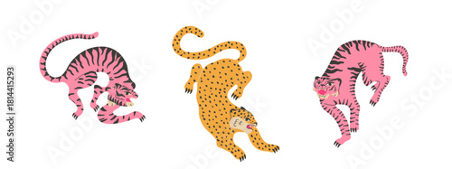 Jungle animal set with funky comic leopard and tiger wildlife.