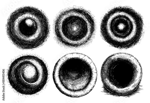 Set of abstract circular textures representing black holes or eyes Vector black and white stipple engraving illustration