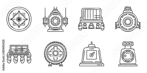 Collection of eight futuristic science fiction icons depicting various machines, vehicles, and technological symbols in a clean black and white outline style