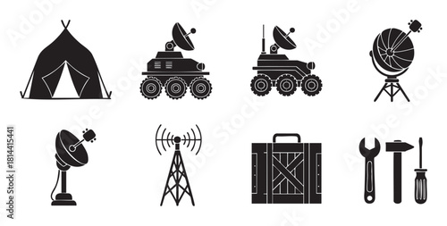 Set of black silhouette icons for a science or space exploration mission, including a planetary rover, satellite dish, expedition tent, and repair tools