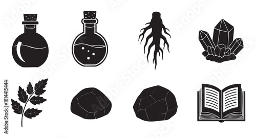 Set of black silhouette icons for magic, witchcraft, and alchemy, including potion bottles, crystals, mandrake root, herbs, and a spellbook