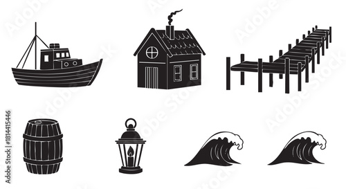 Collection of black and white nautical icons featuring a fishing boat, seaside cottage, wooden pier, barrel, lantern, and ocean waves