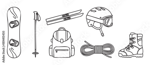 Set of winter sports and mountain adventure equipment including a snowboard, skis, helmet, and backpack, illustrated in a simple black and white line art style