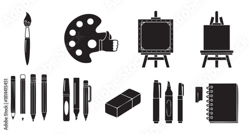 Collection of black silhouette icons representing various art and drawing supplies, including a paintbrush, palette, easel, pencils, pens, and a sketchbook